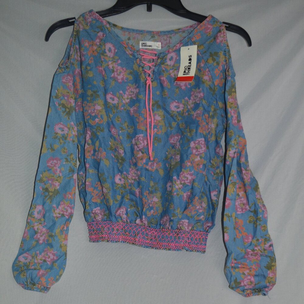 Girls long sleeve floral shirt sz large NWT Epic Threads cut out shoulders